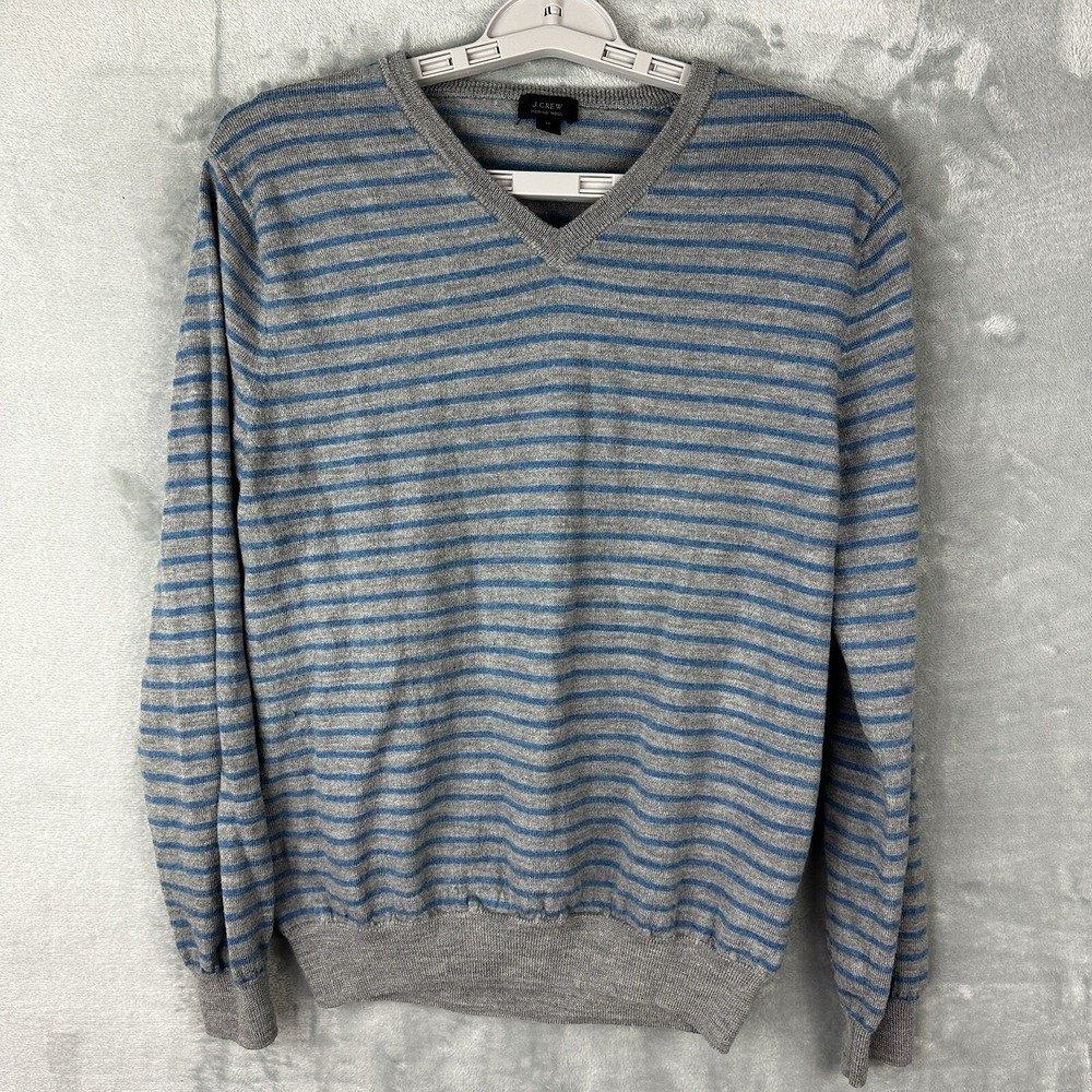 J Crew Mens Merino Wool Sweater Medium Slim Fit Striped V-Neck Gray Blue